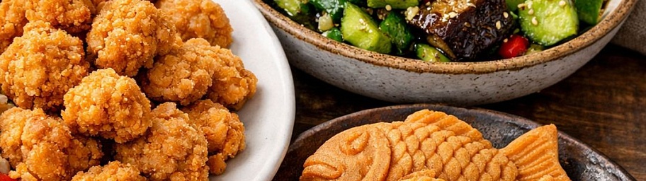 «Куриный попкорн с овощным гарниром», «Салат с баклажанами и битыми огурцами» и «Печенье тайяки»